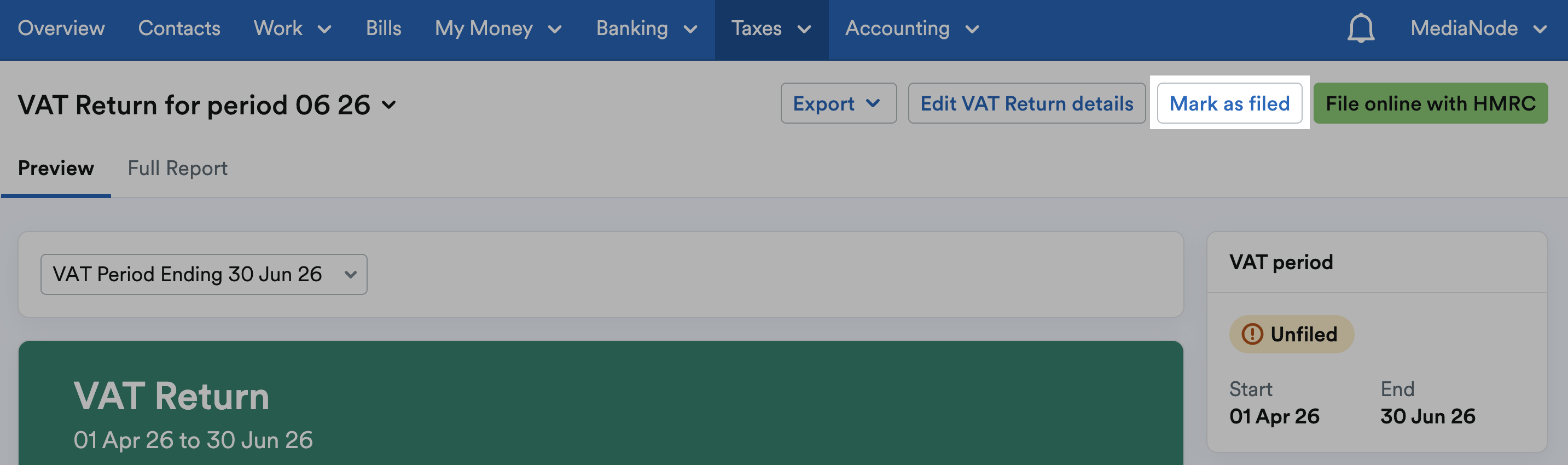 Mark as filed button highlighted
