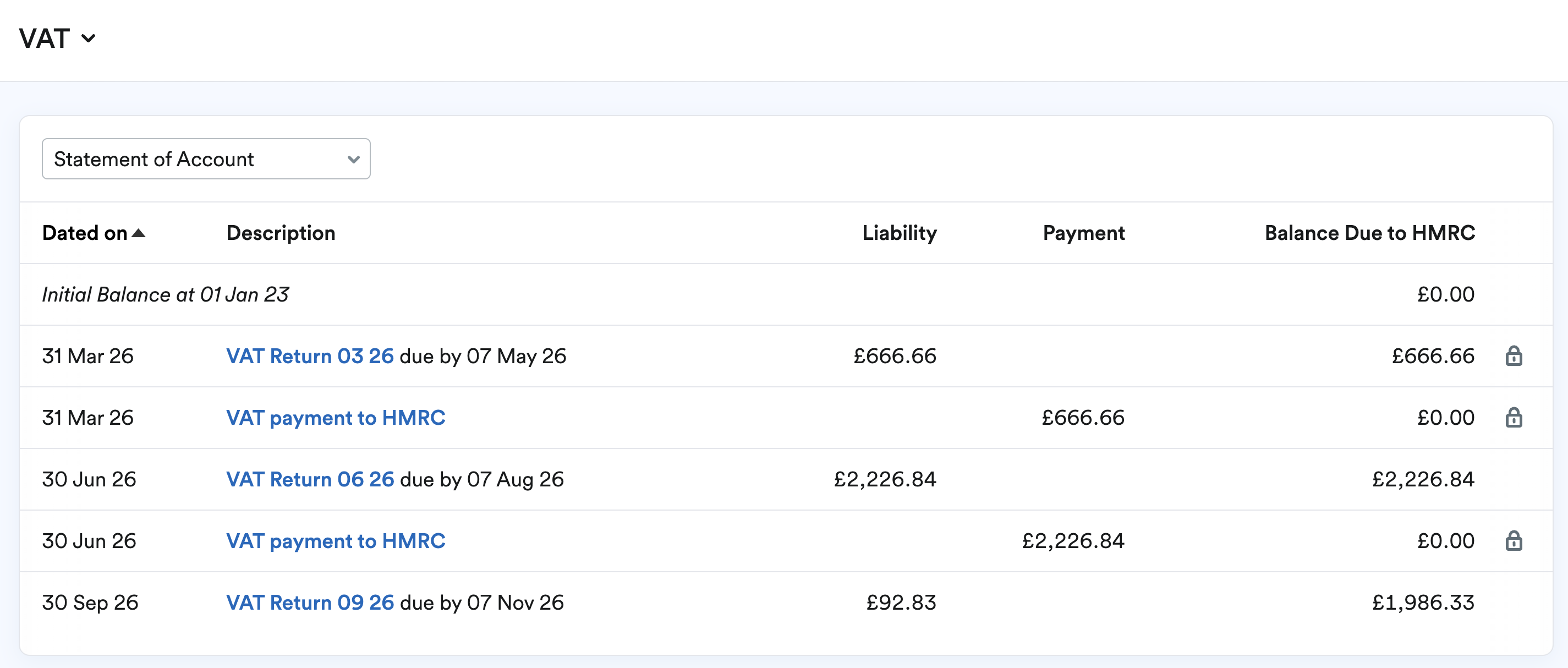 VAT statement of account shwoing VAT returns and running balance due to HMRC