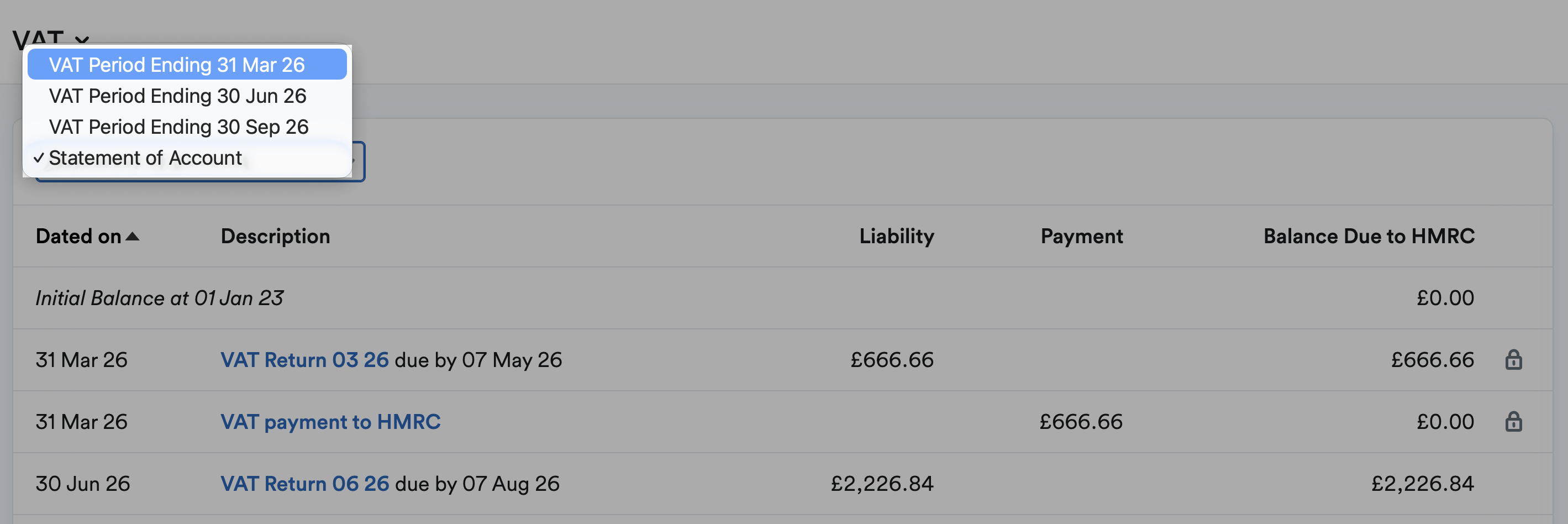 Drop-down menu for choosing a specific VAT return