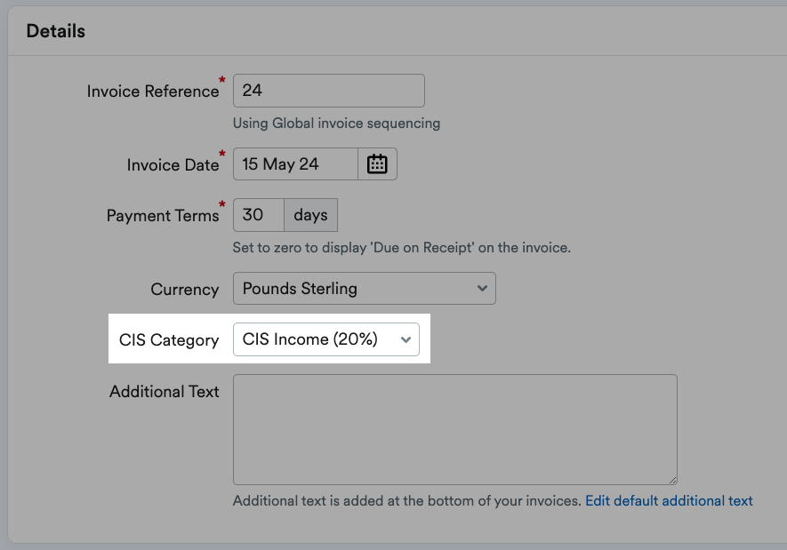 CIS Category field highlighted in 'Details' section of invoice.