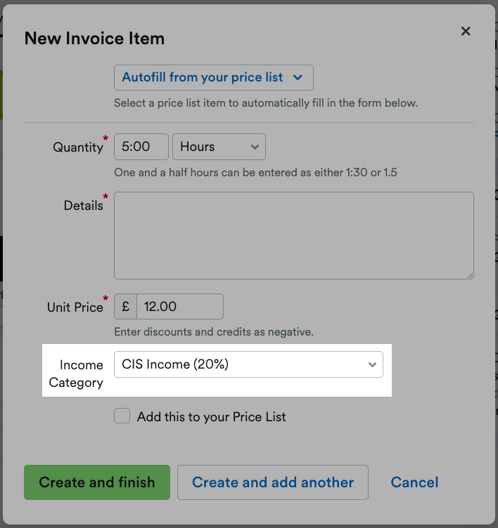 Income Category on invoice highlighted with CIS income selected.