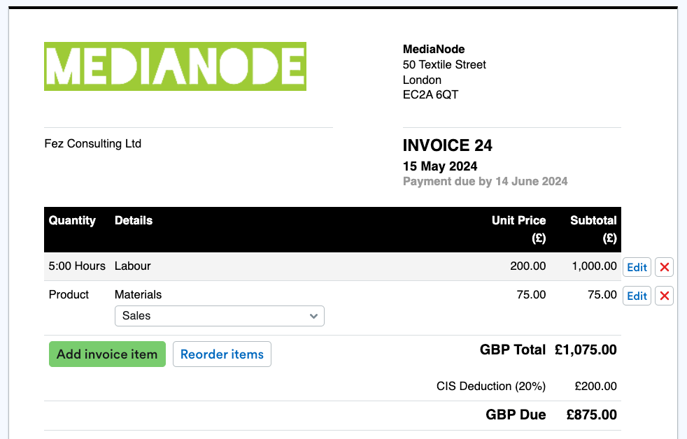 Invoice example with CIS Deduction applied to Total to give reduced amount Due.
