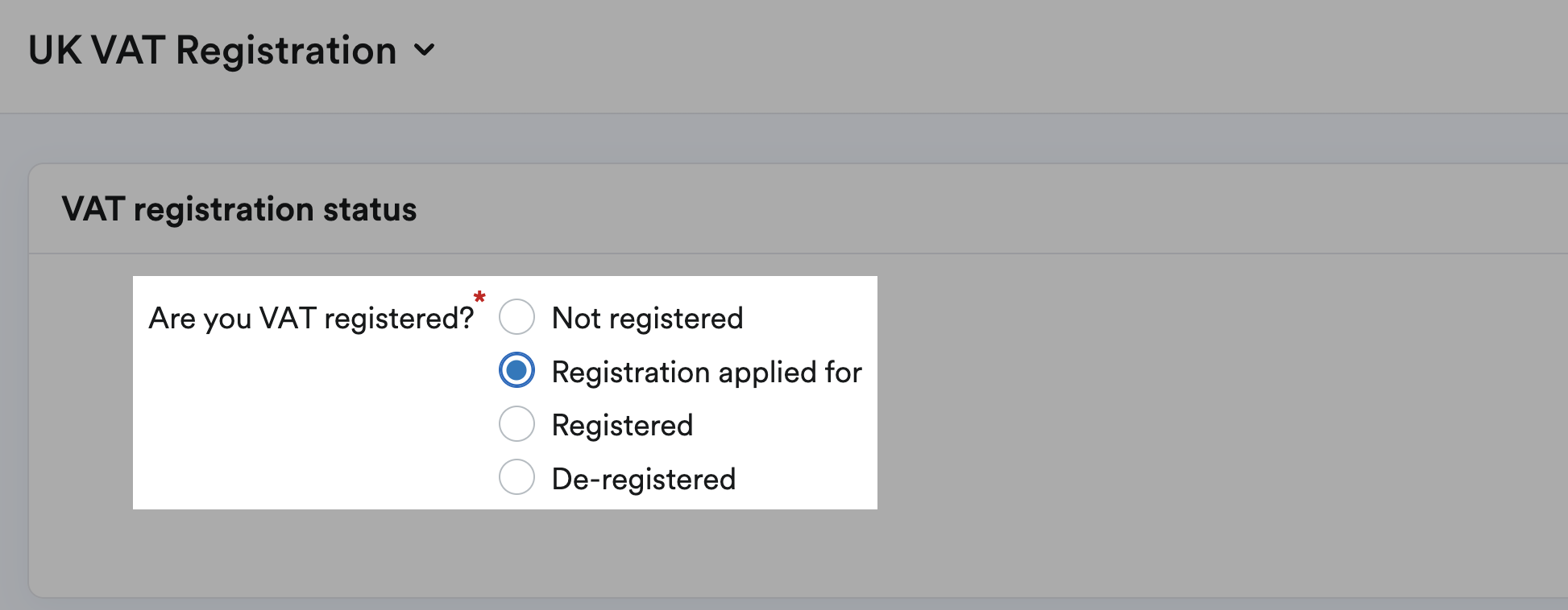 Registration applied for set as the VAT registration status