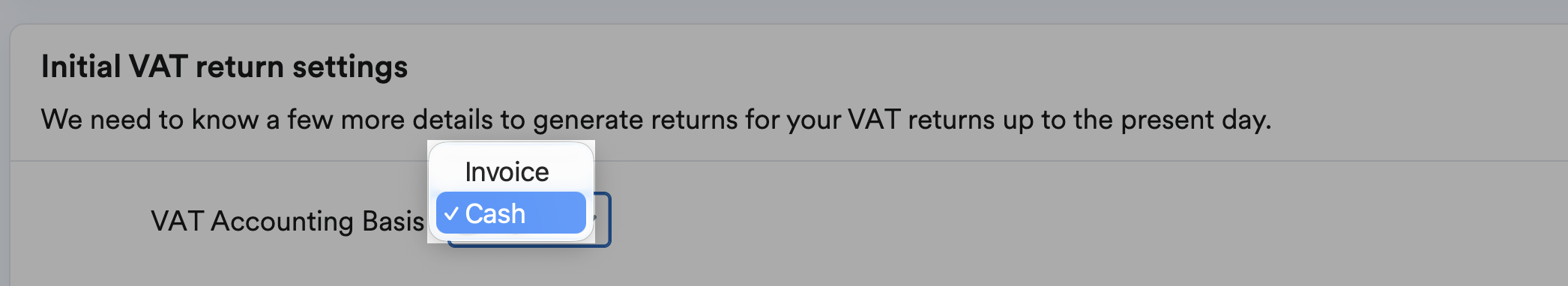 VAT accouting basis drop-down menu highlighted