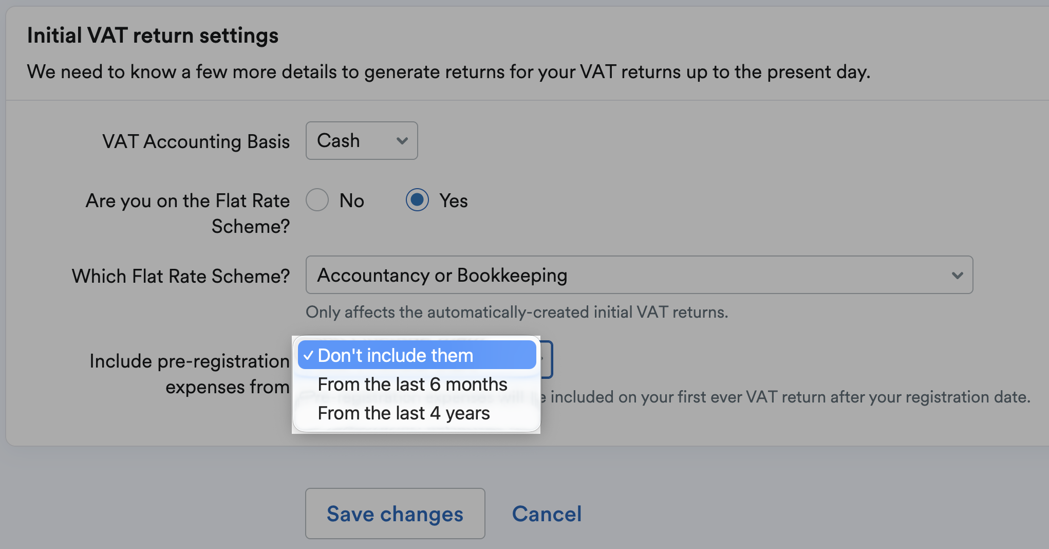 Pre-registration expenses option highlighted