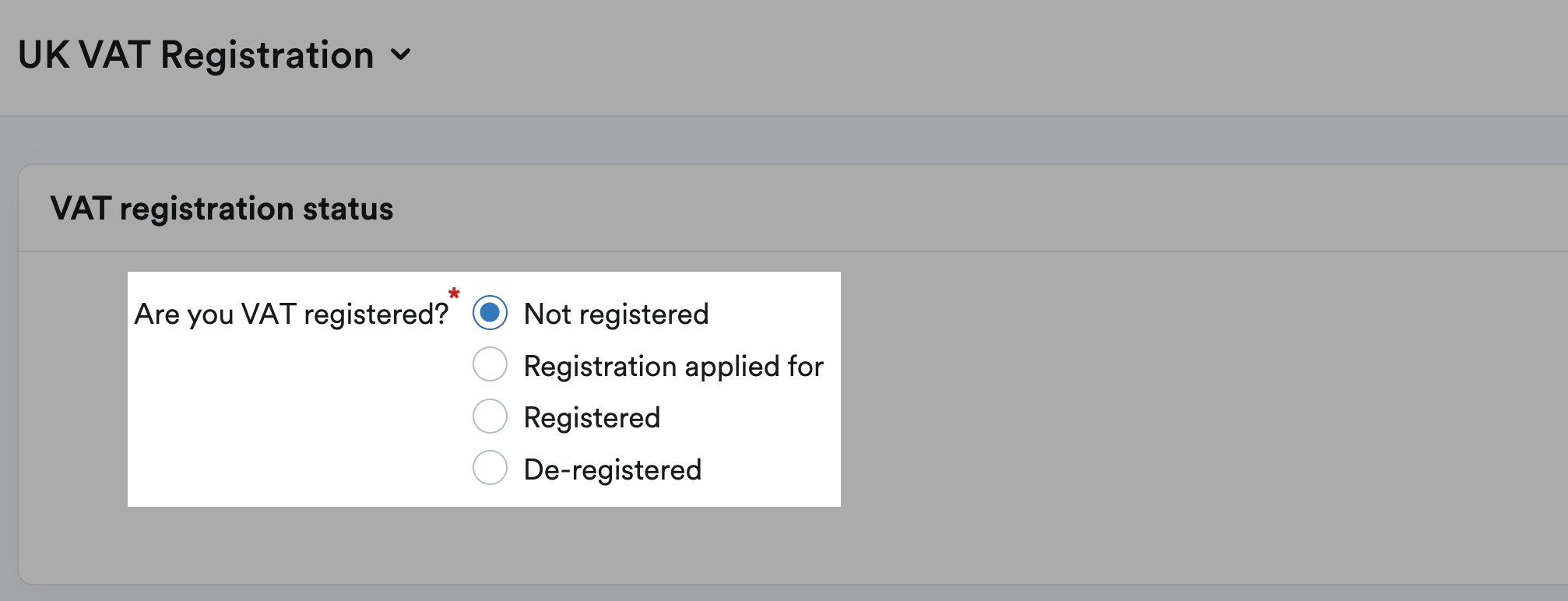 Not Registered selected as the VAT registration status