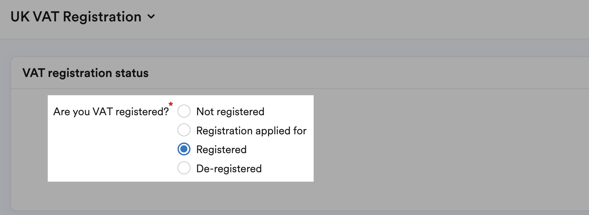 VAT registration settings set as Registered