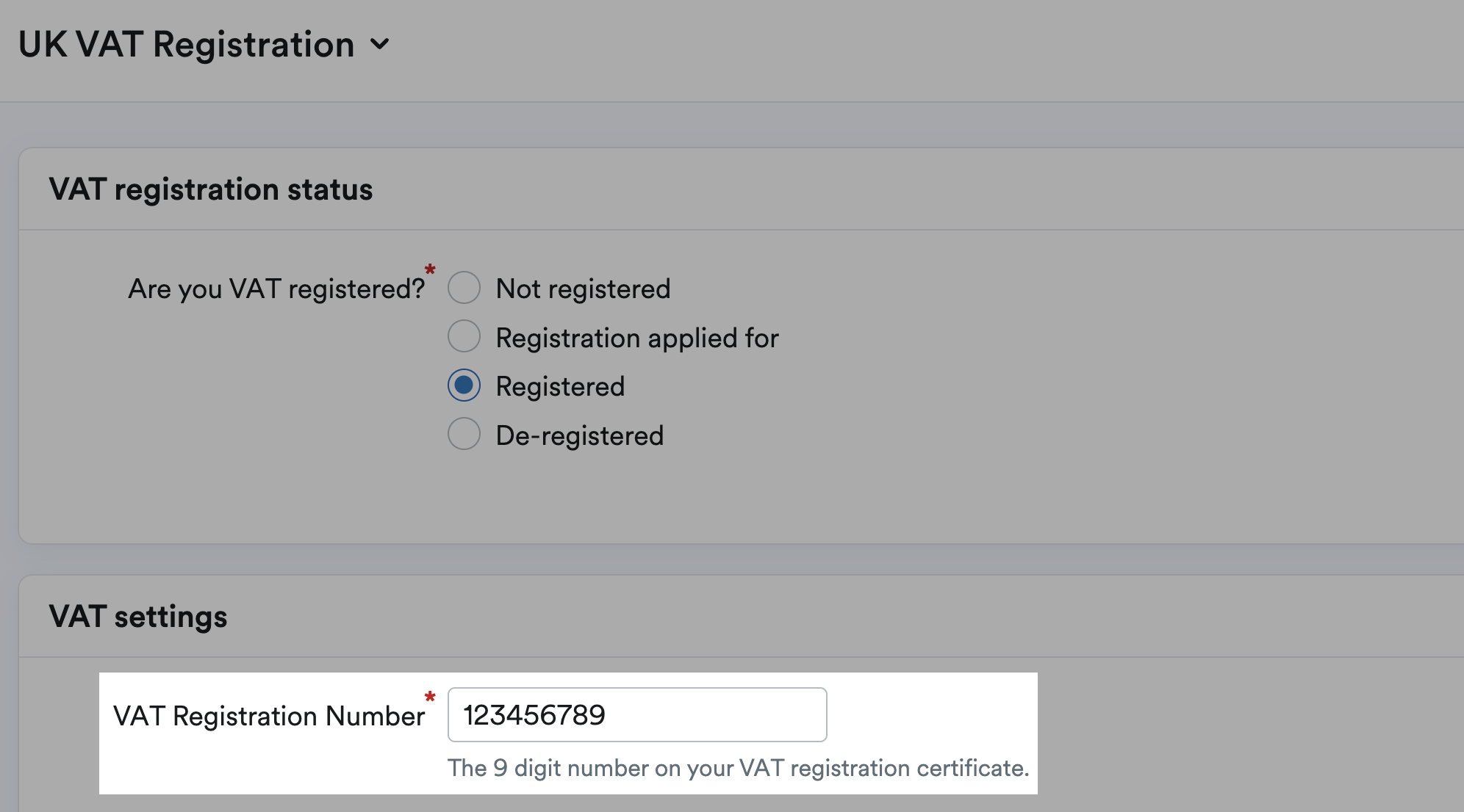 VAT registration number field highlighted