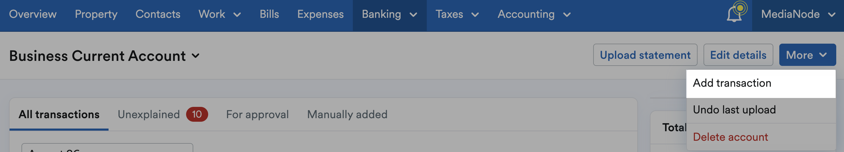 Add transaction highlighted from the More drop-down menu