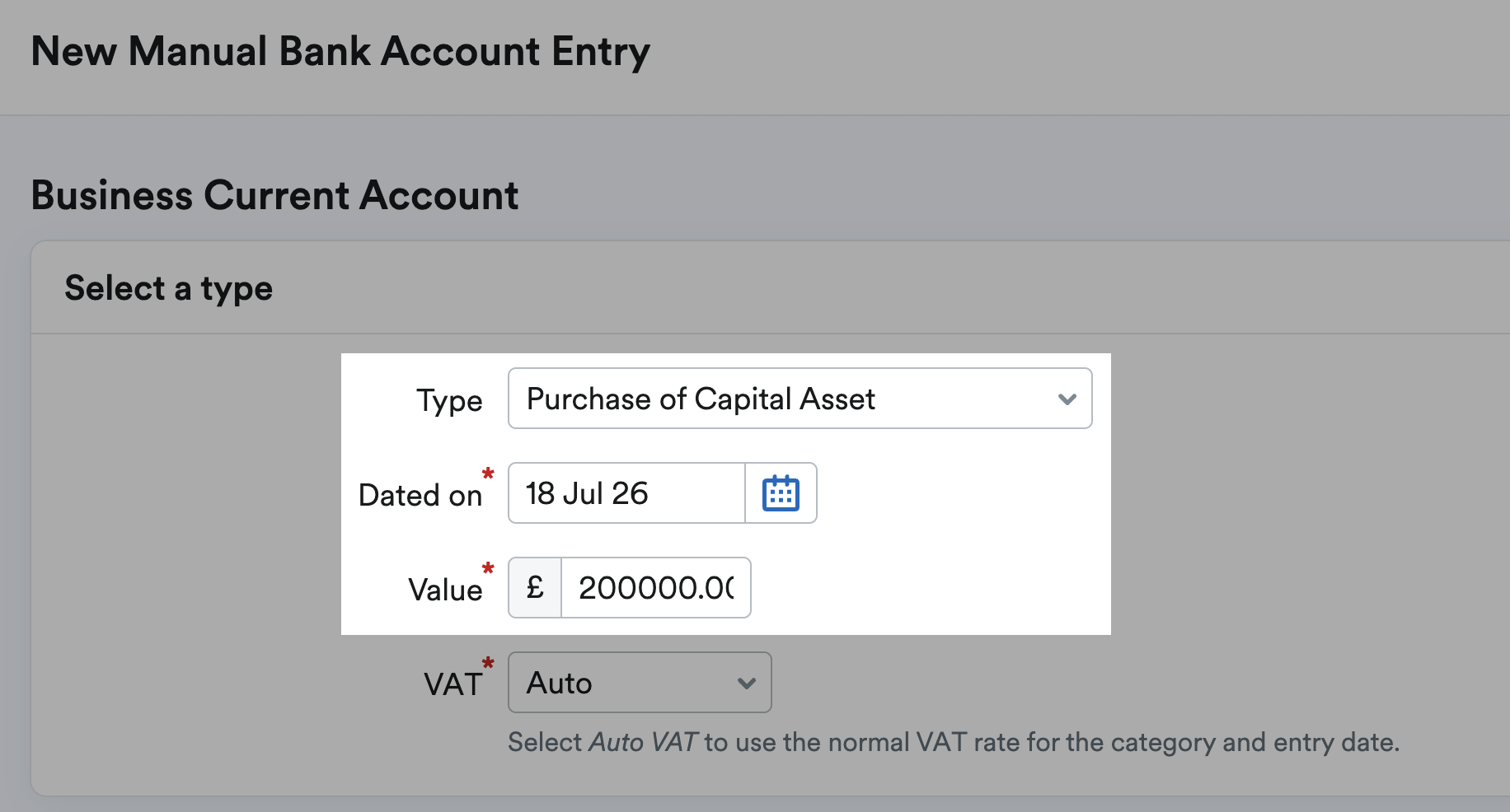 Purchase of Capital Asset selected as the transaction type