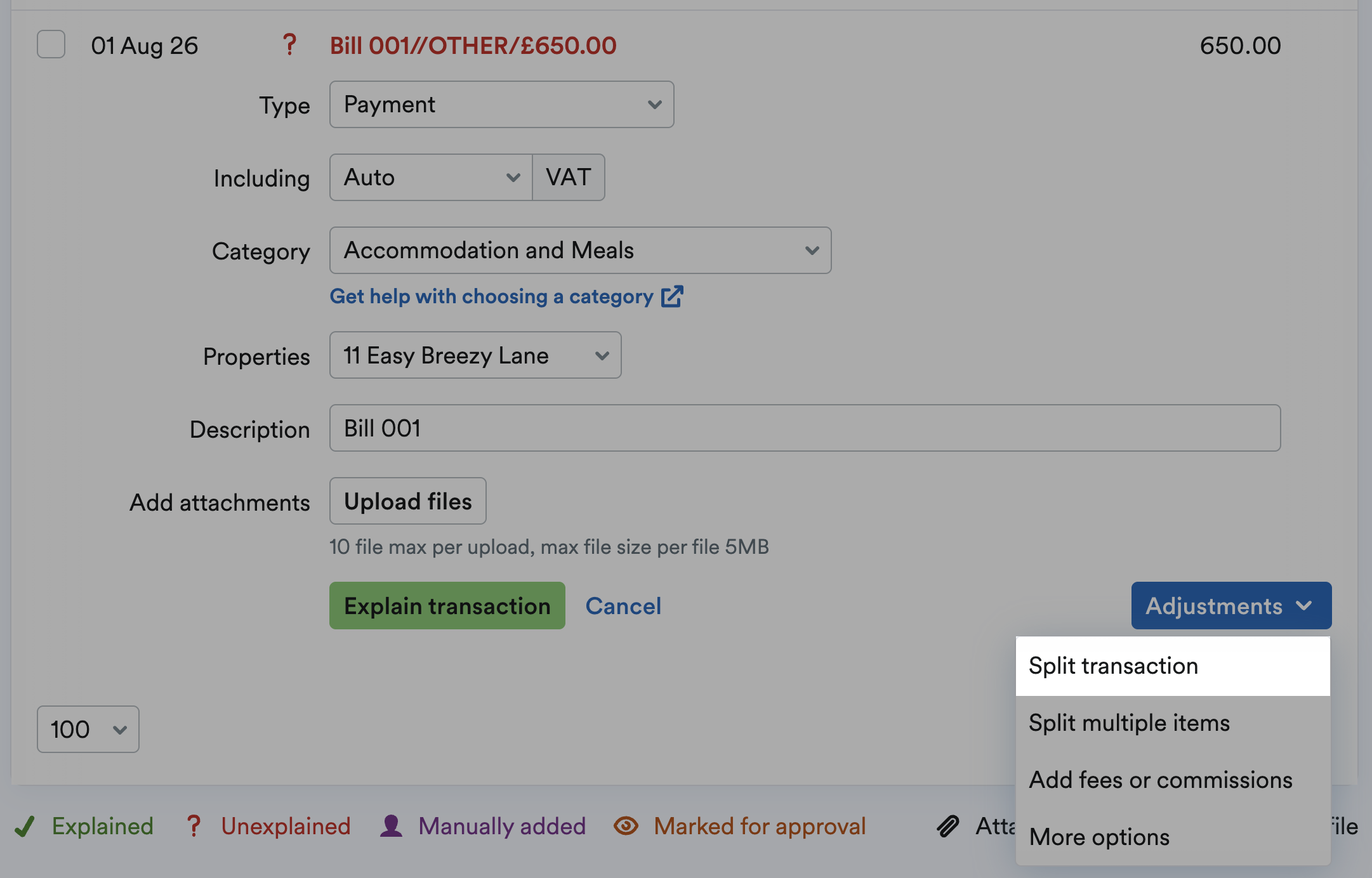 Split transaction highlighted from the Adjustments menu