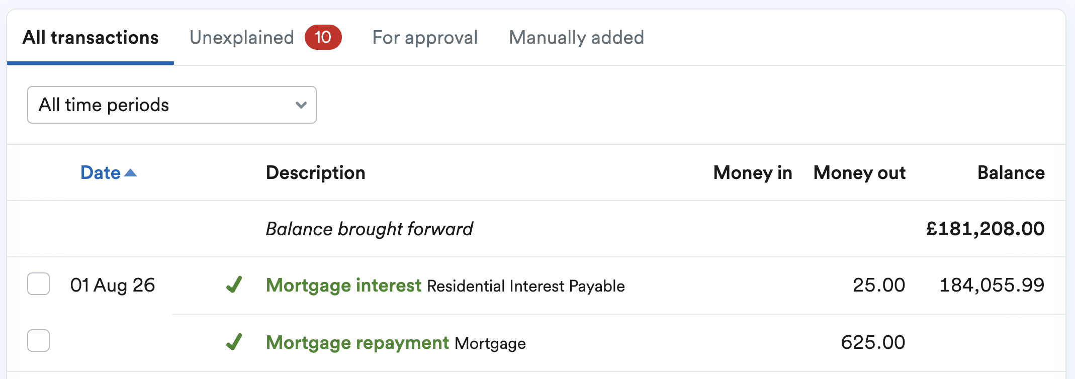 Bank transaction split between mortgage payment and interest