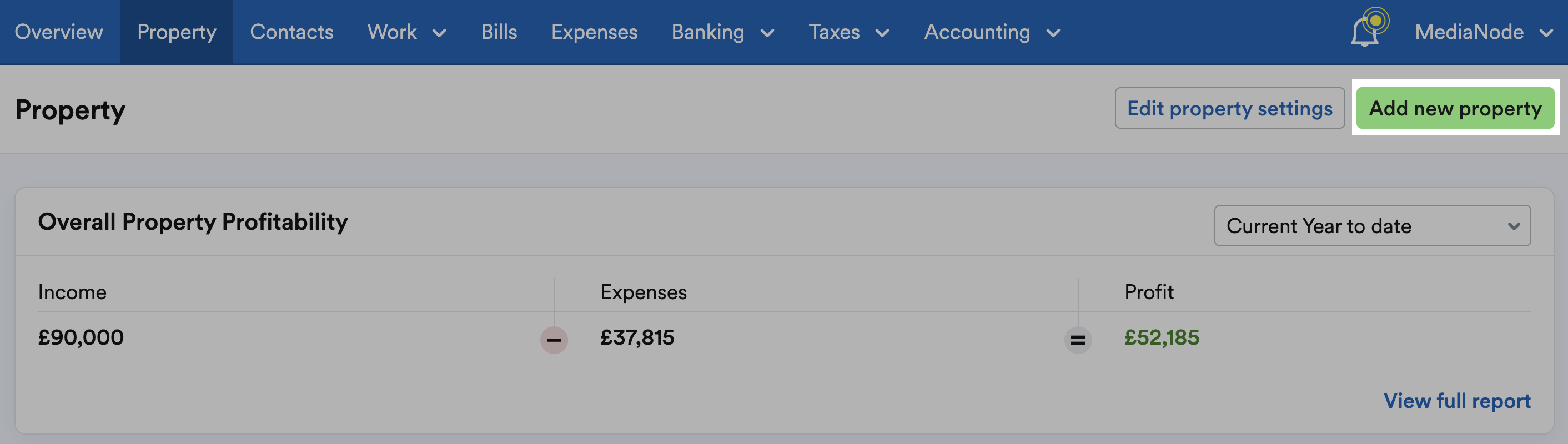 Property screen with Add new property button highlighted