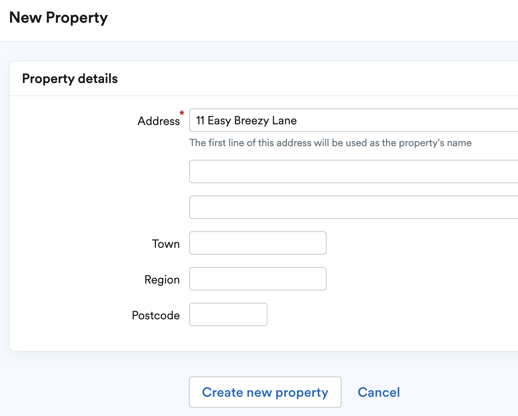 New property screen with property being created