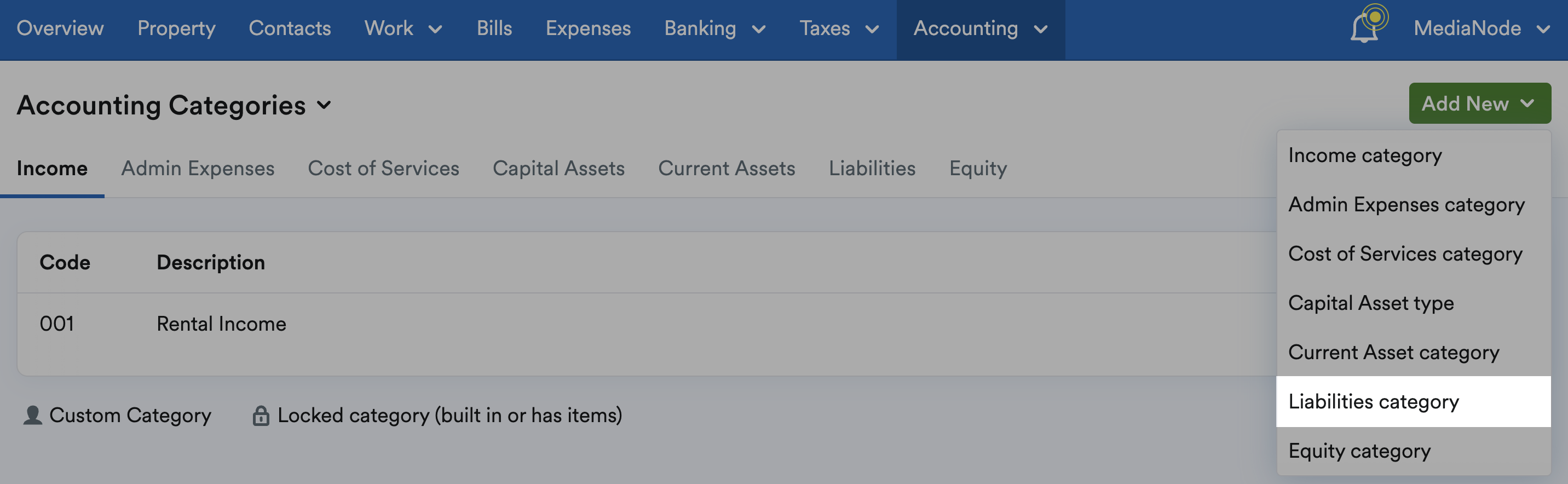 Accounting Categories page with Liabilities category highlighted from Add New menu
