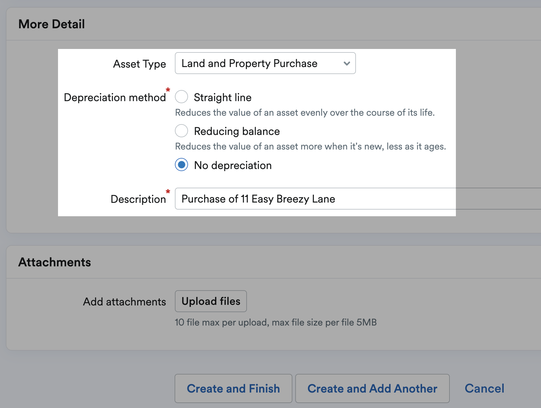Land and Property purchase selected as the asset type