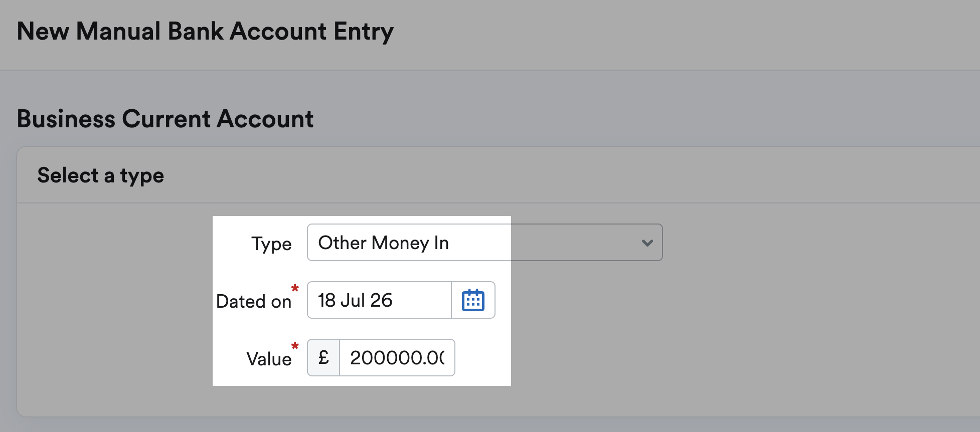Other Money In selected as the transaction type