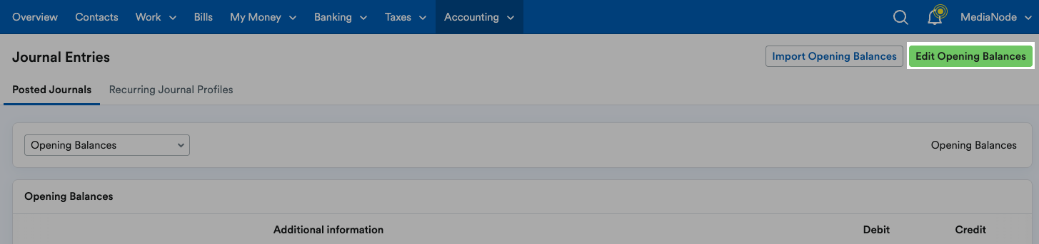 'Edit Opening Balances' button highlighted at top of Journal Entries page.