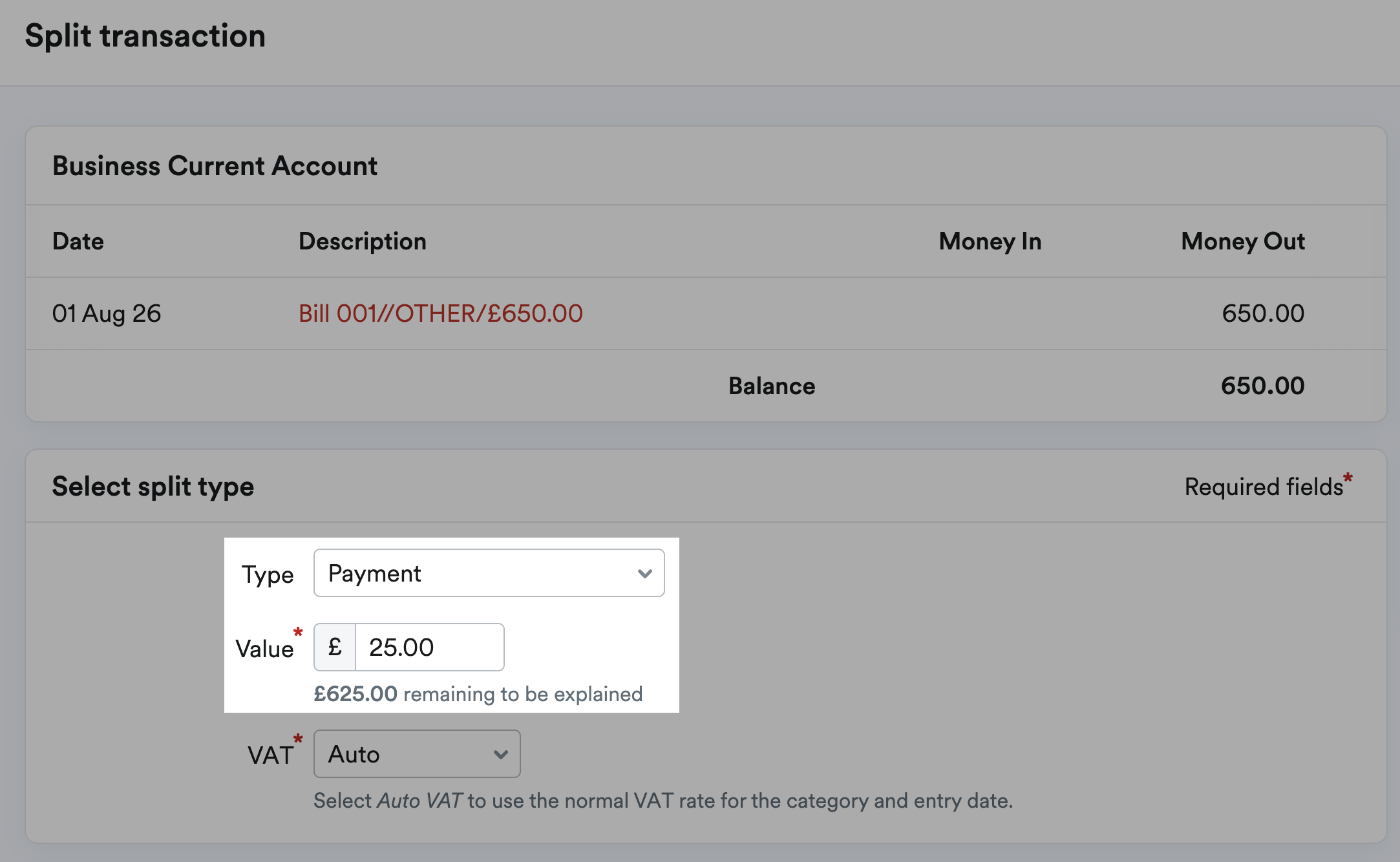 Payment selected as the transaction type