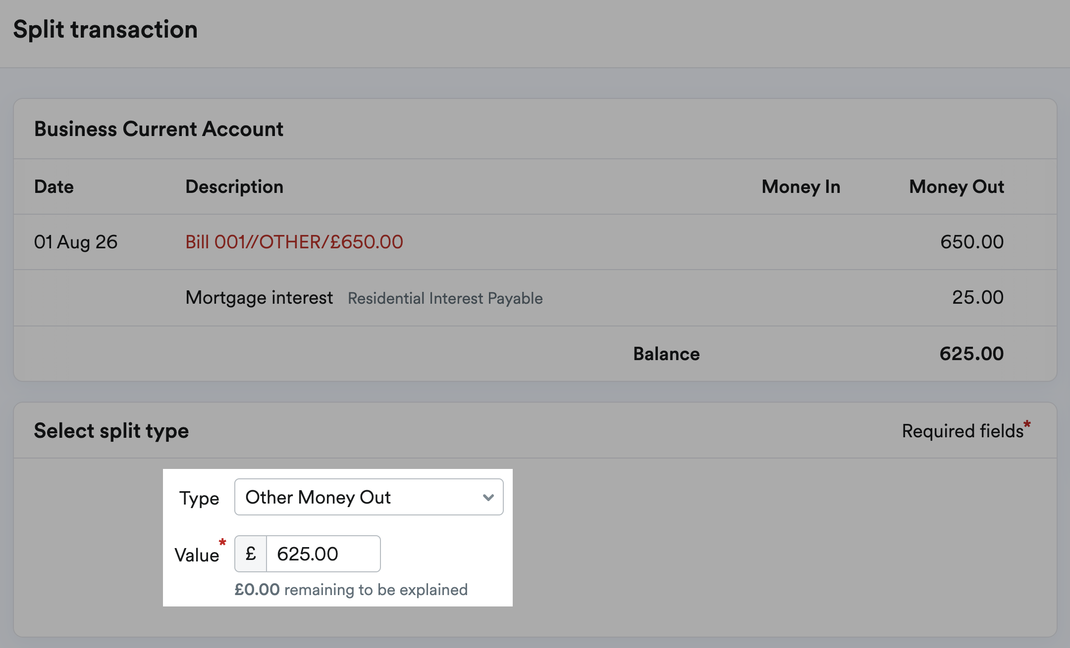 Other Money Out selected as the Type