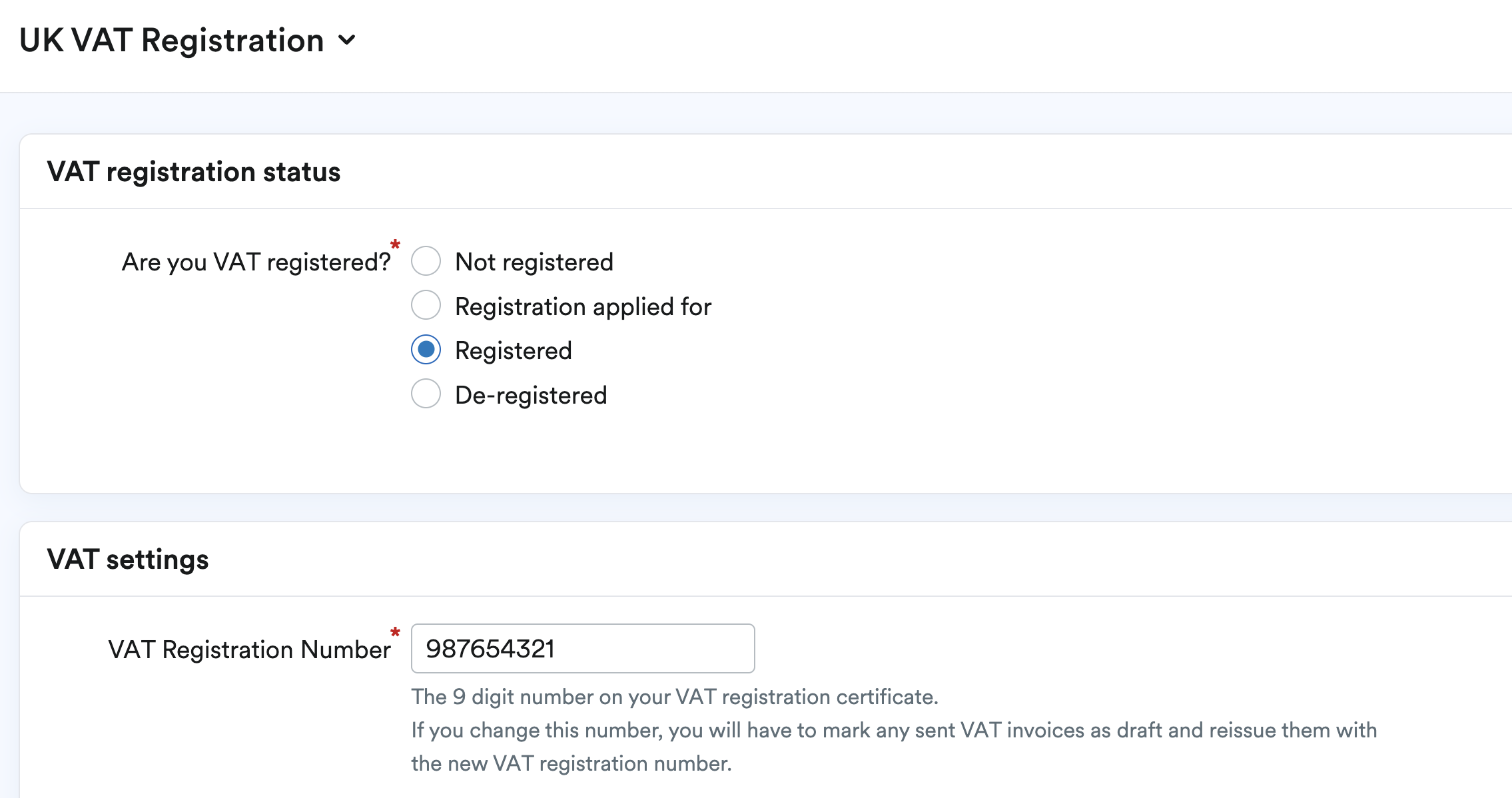 Registered selected and VAT number entered