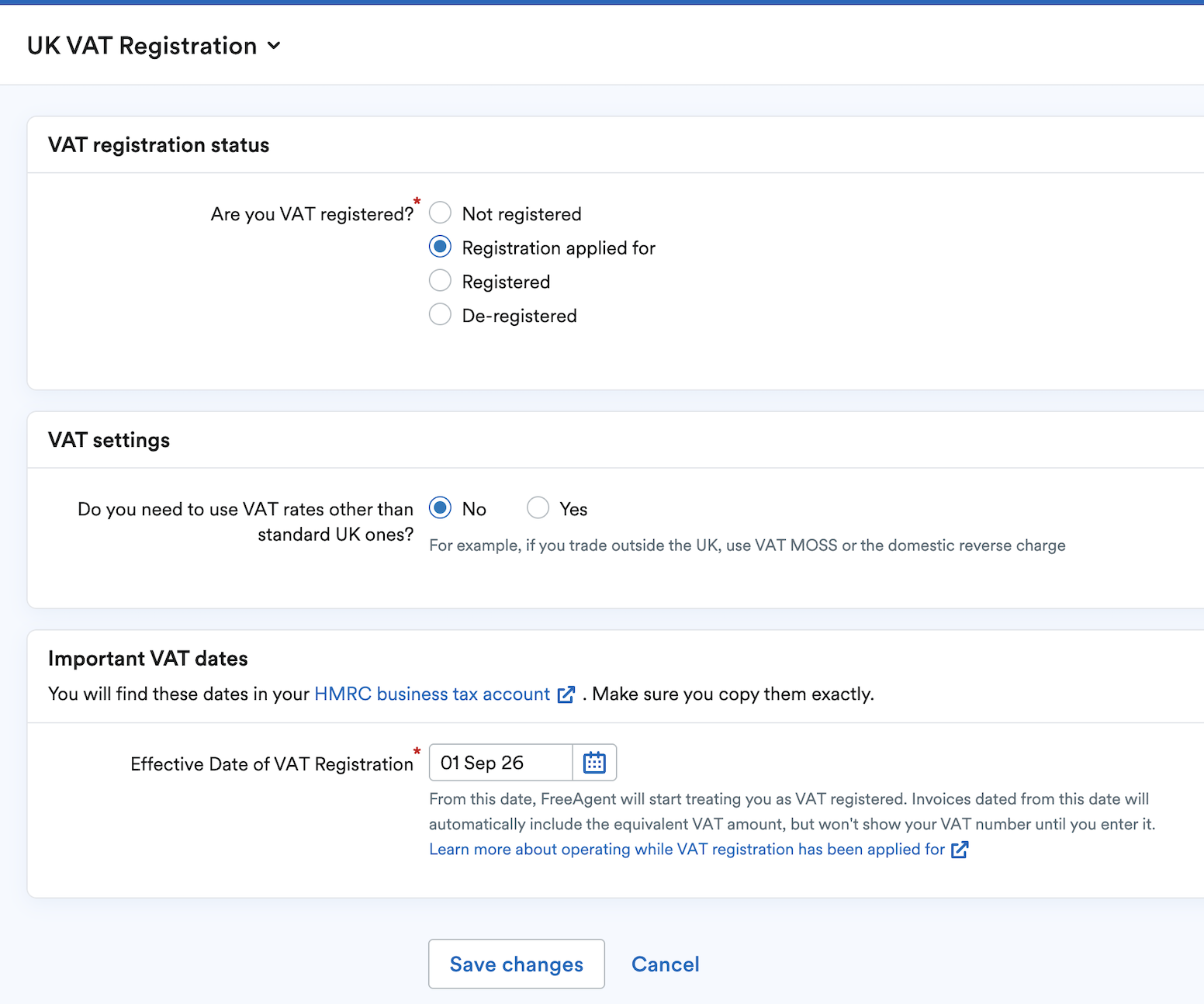 VAT Registration settings set as Registration Applied for