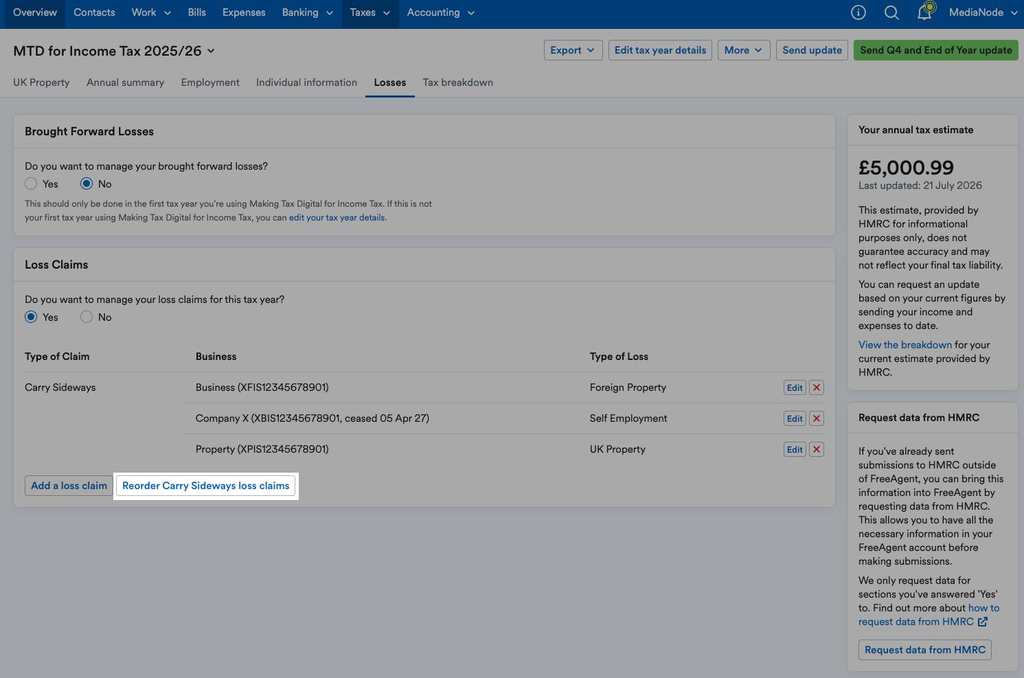 'Reorder Carry Sideways loss claims' button highlighted under lis of loss claims.