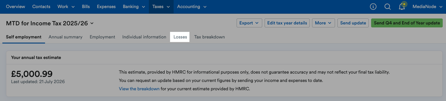 Losses tab highlighted on MTD for Income Tax page.
