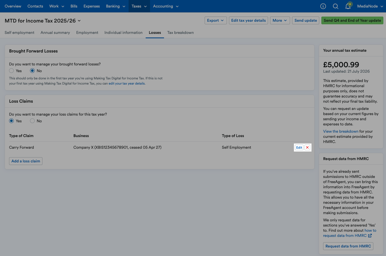 'Edit' and 'X' buttons highlighted next to listed loss claim.