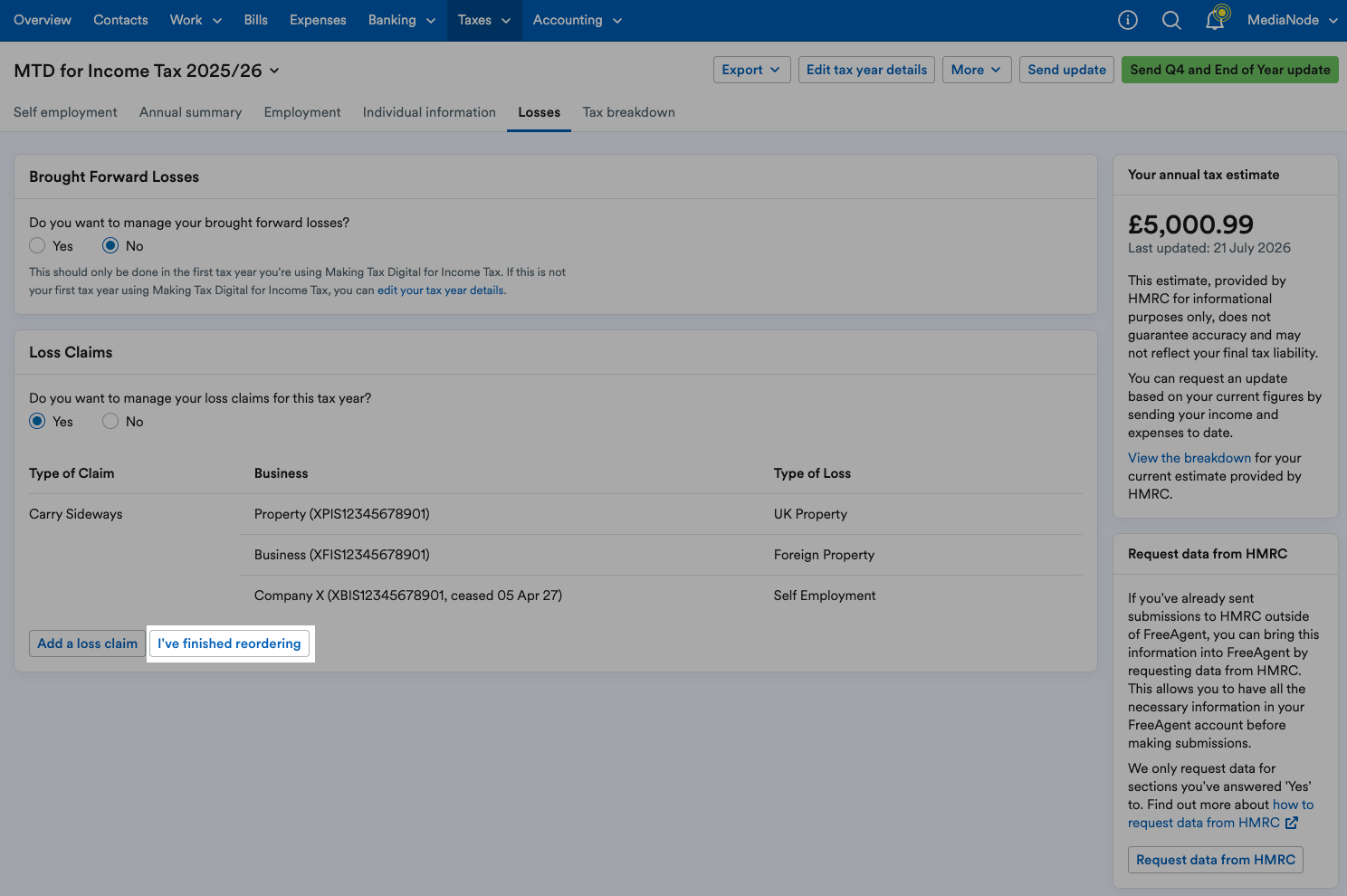 'I've finished reordering' button highlighted under list of loss claims.