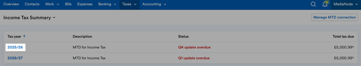 Tax year highlighted on Income Tax Summary page.