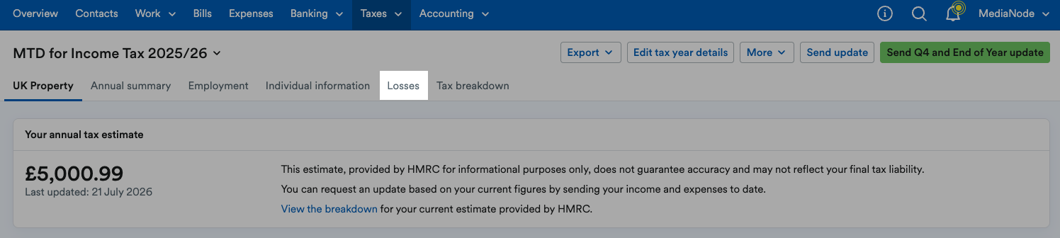 'Losses' tab highlighted on MTD for Income Tax page.