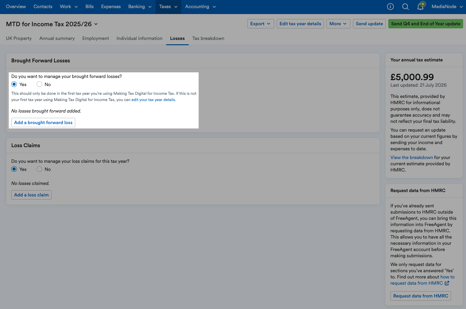 'Yes' selected for 'Do you want to manage your brought forward losses?'.