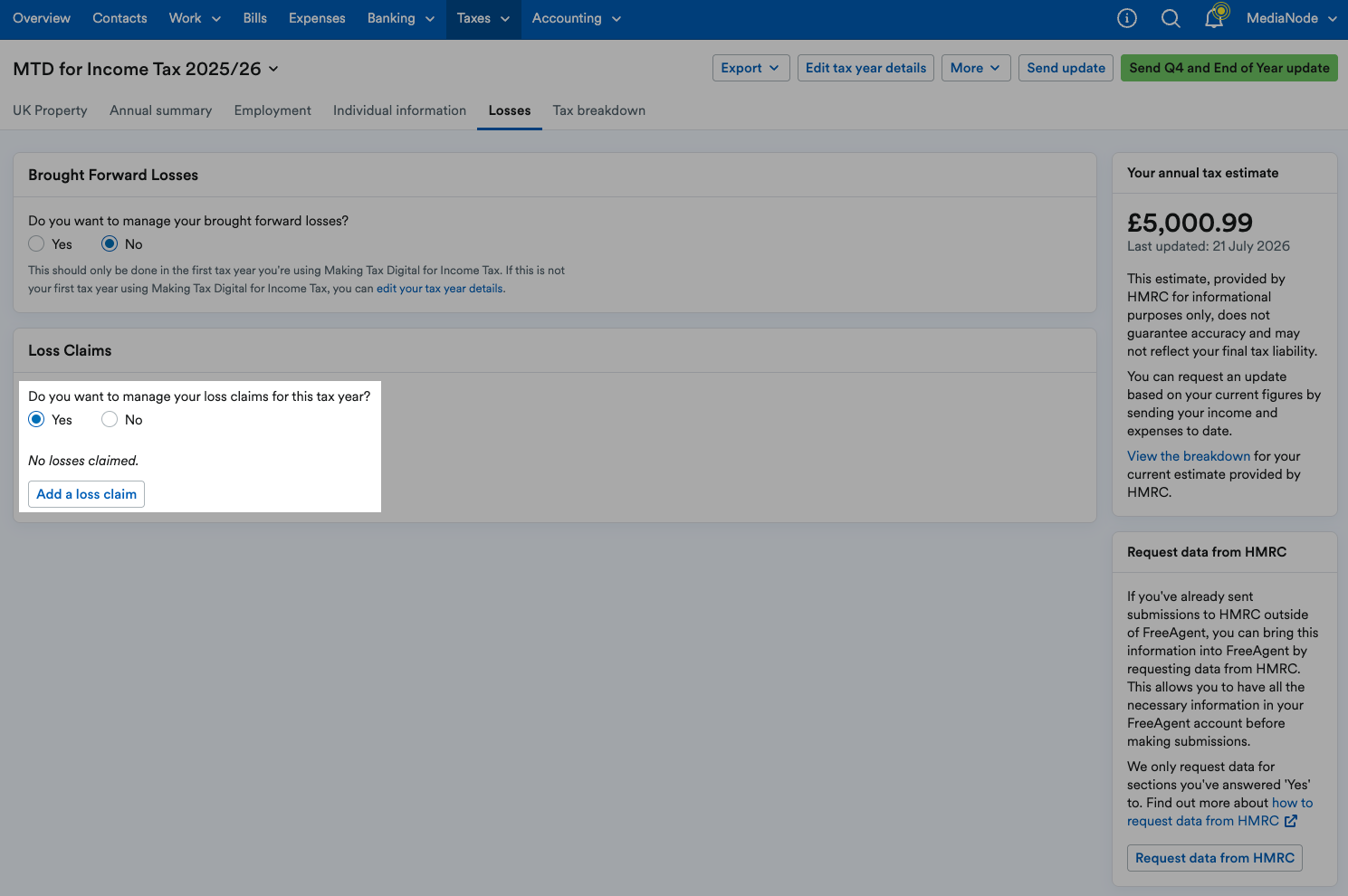 'Yes' selected for 'Do you want to manage your loss claims for this tax year?'.