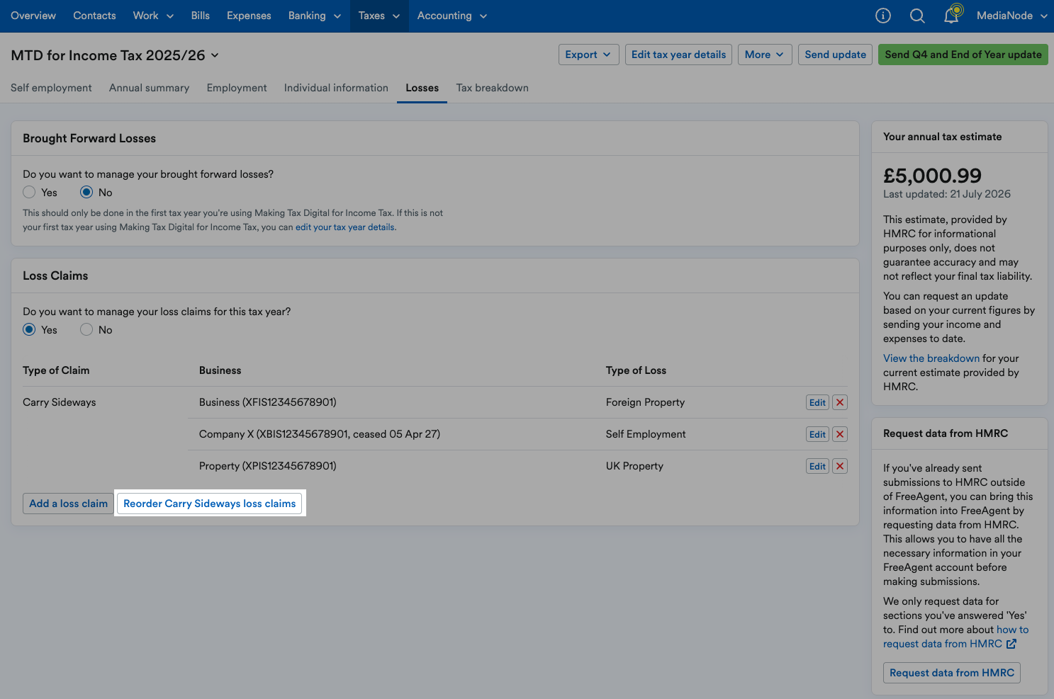 'Reorder Carry Sideways loss claims' button highlighted beneath list of loss claims.
