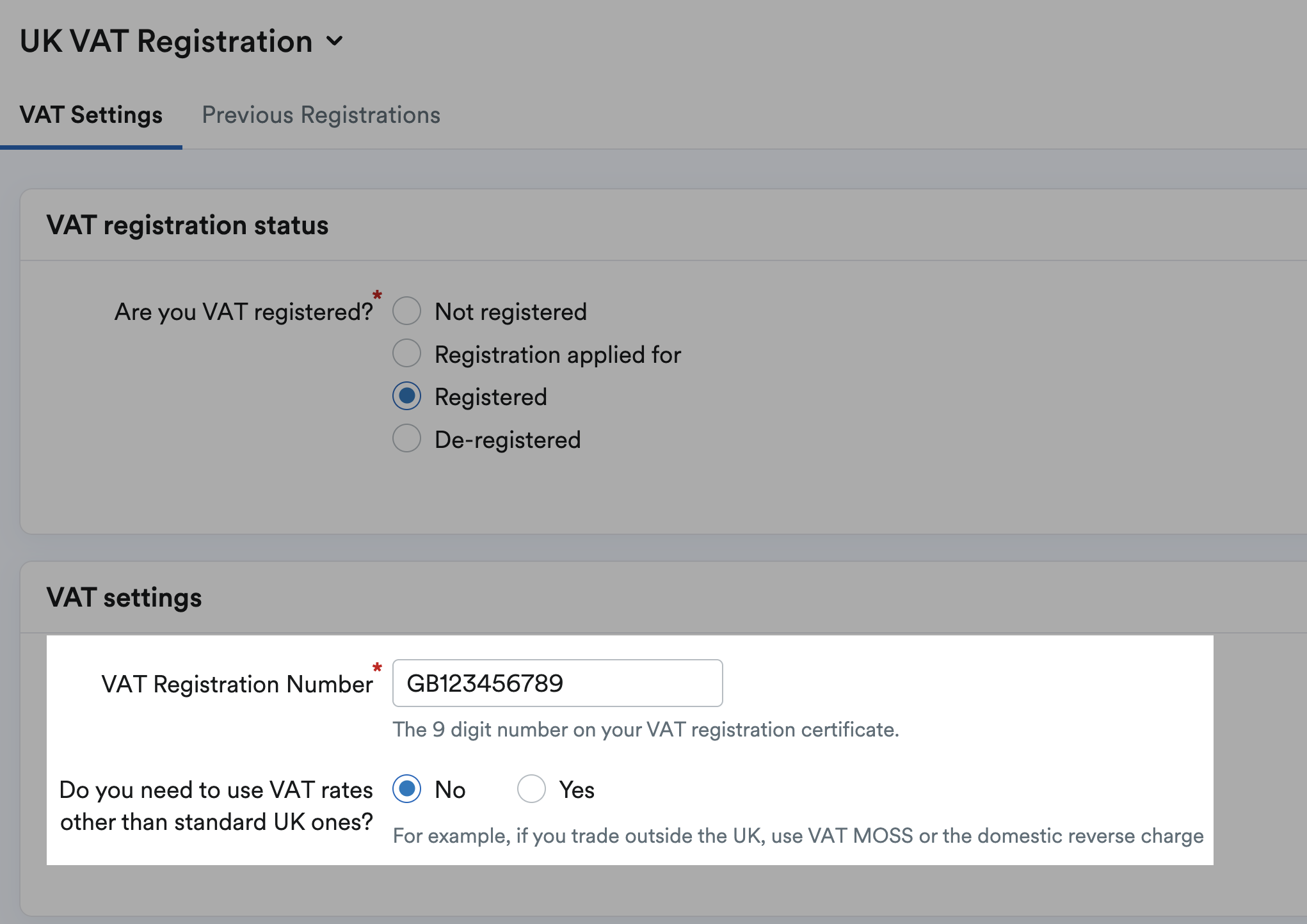 VAT registration number and non-standard VAT rate fields highlighted