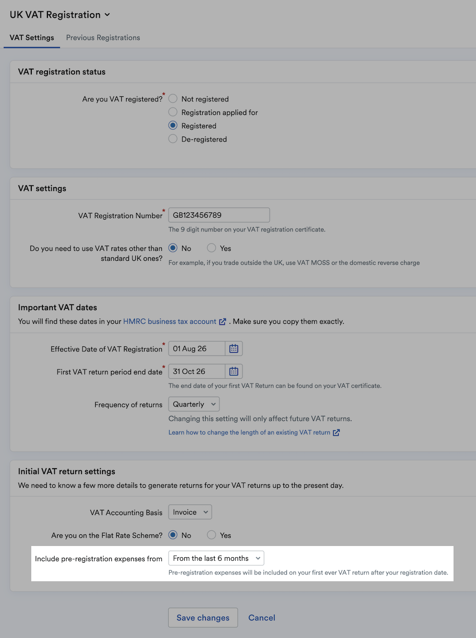 Option to include pre-registration expenses highlighted