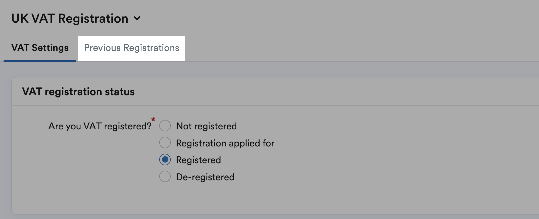 Previous Registrations tab highlighted on VAT registration settings page