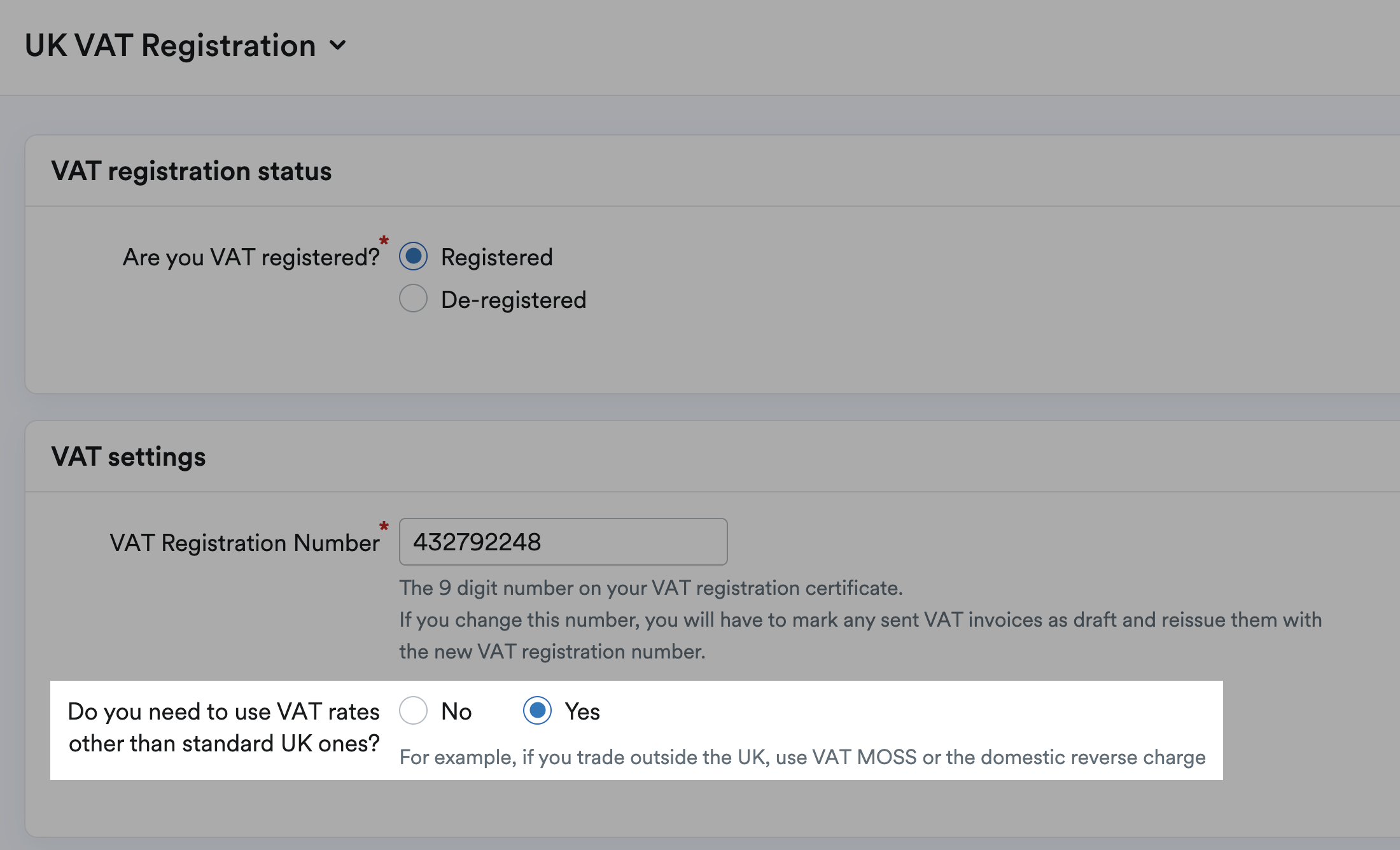 Option to enable non-uk VAT rates set to yes and highlighted
