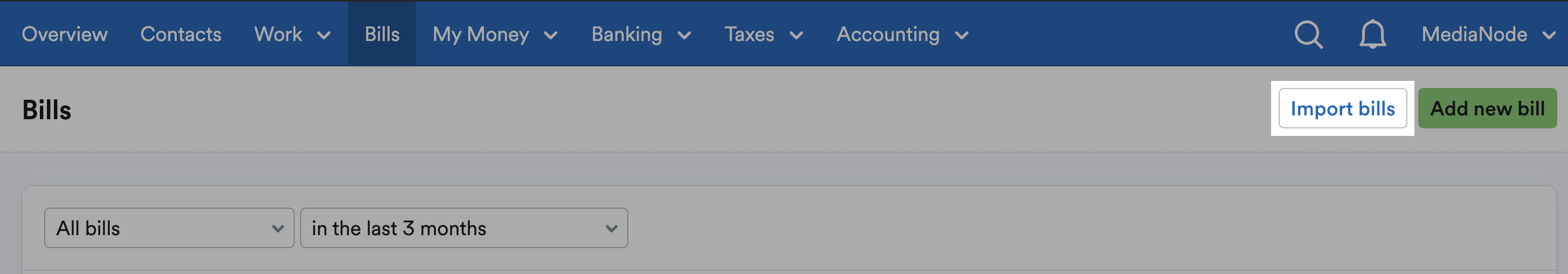 Bills page with Import bills button highlighted