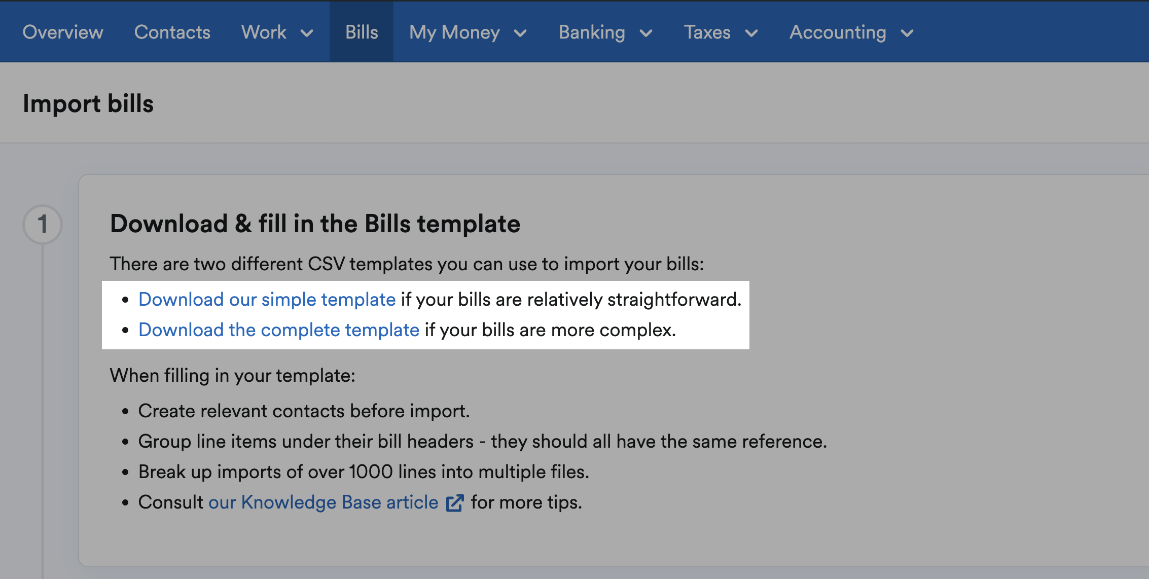 Links to download simple and complete template highlighted