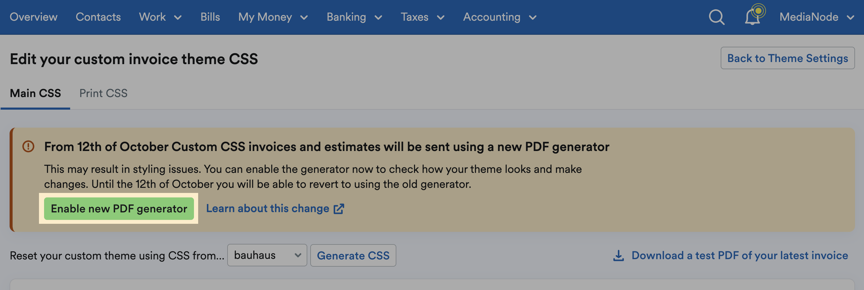 'Enable new PDF generator' button highlighted in notice for new PDF generator.