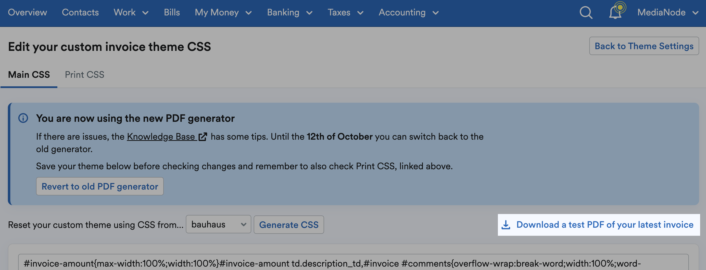 'Download a test PDF of your latest invoice' highlighted under notice of using new PDF generator.