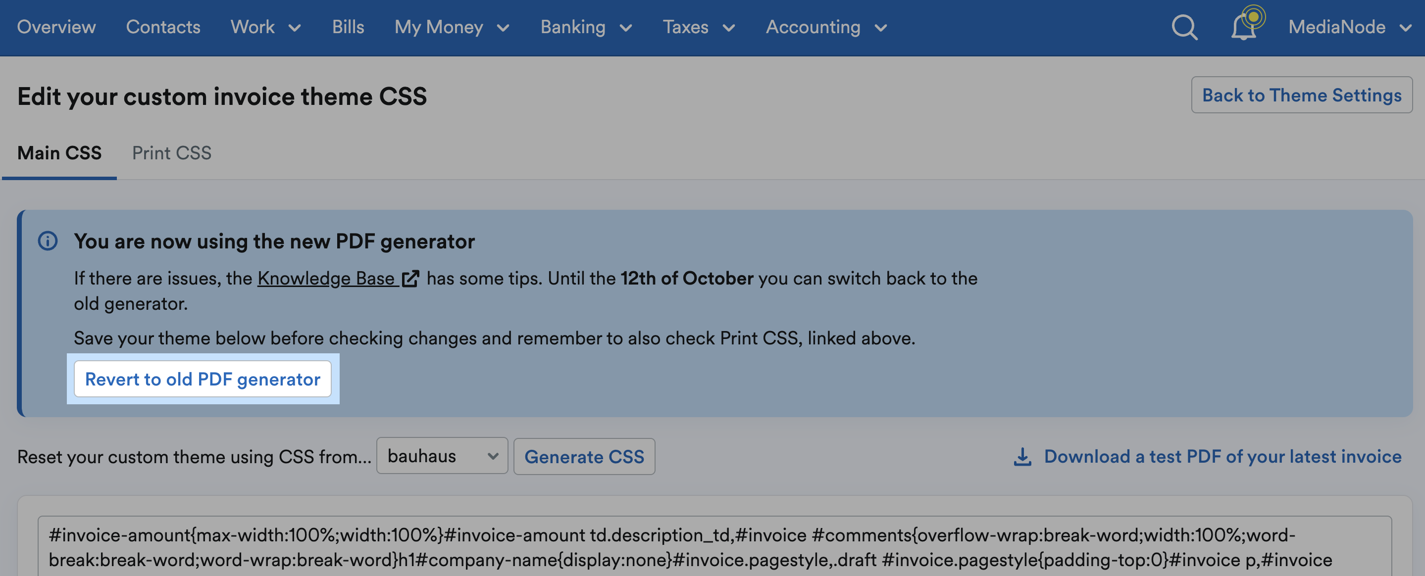 'Revert to old PDF generator' button highlighted in notice of using new PDF generator.