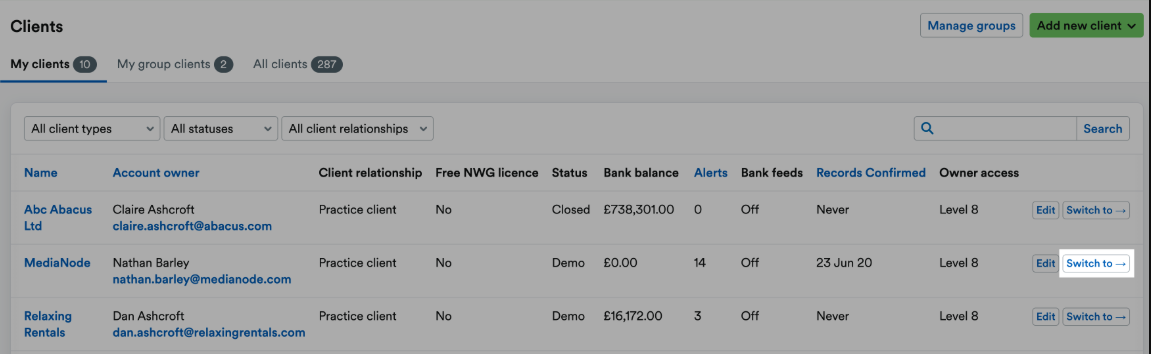 'Switch to' button highlighted next to client's listed account.