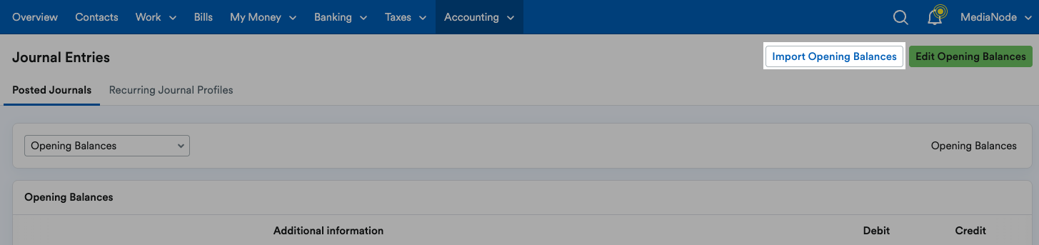 'Import Opening Balances' button highlighted at top of Journal Entries page.