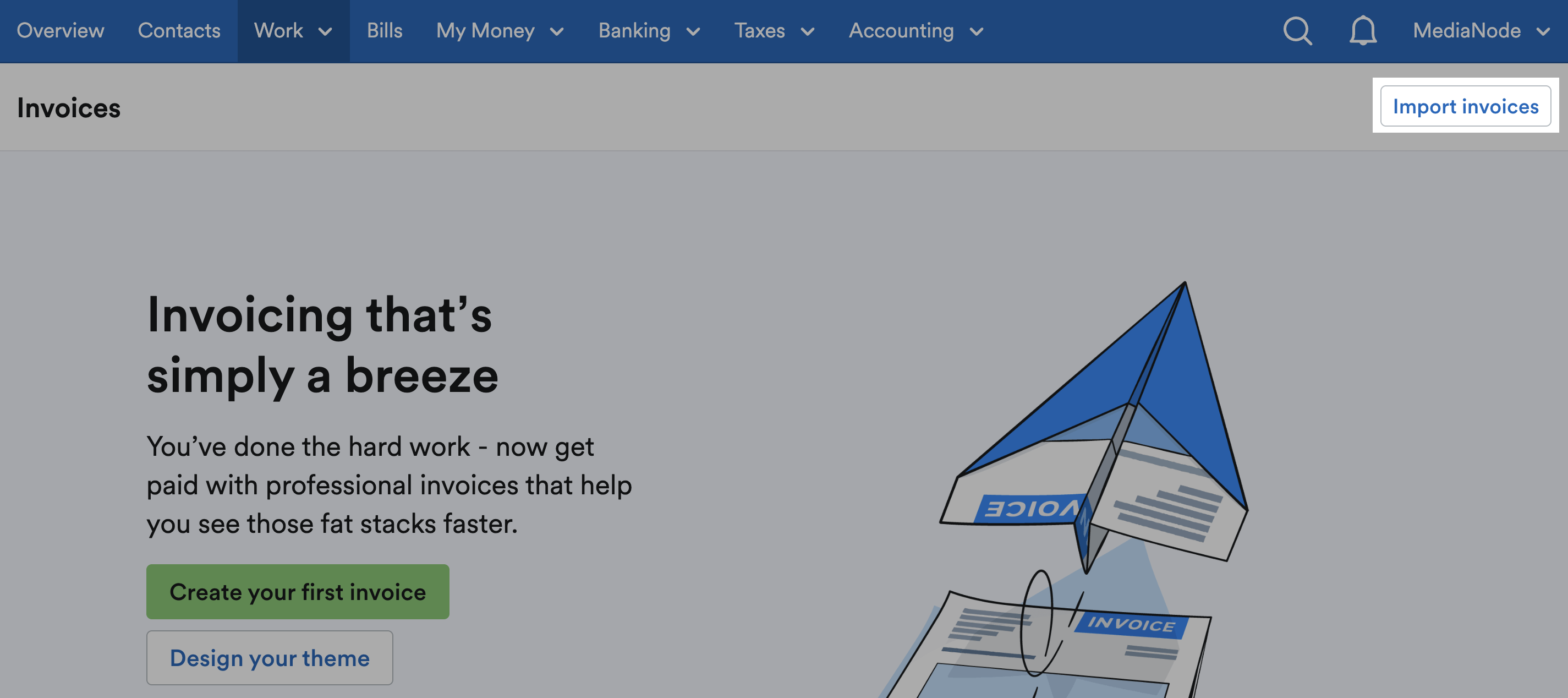 'Import invoices' button highlighted at top of Invoices page.