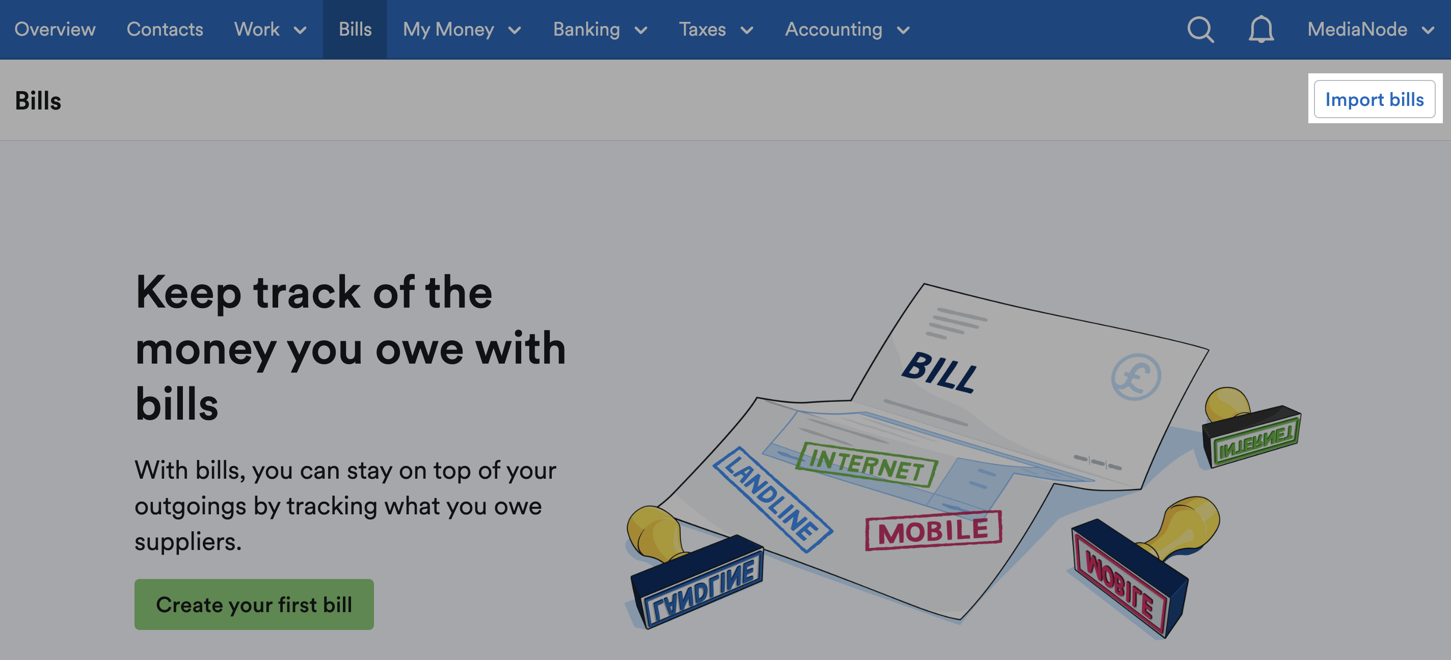 'Import bills' button highlighted on Bills page.