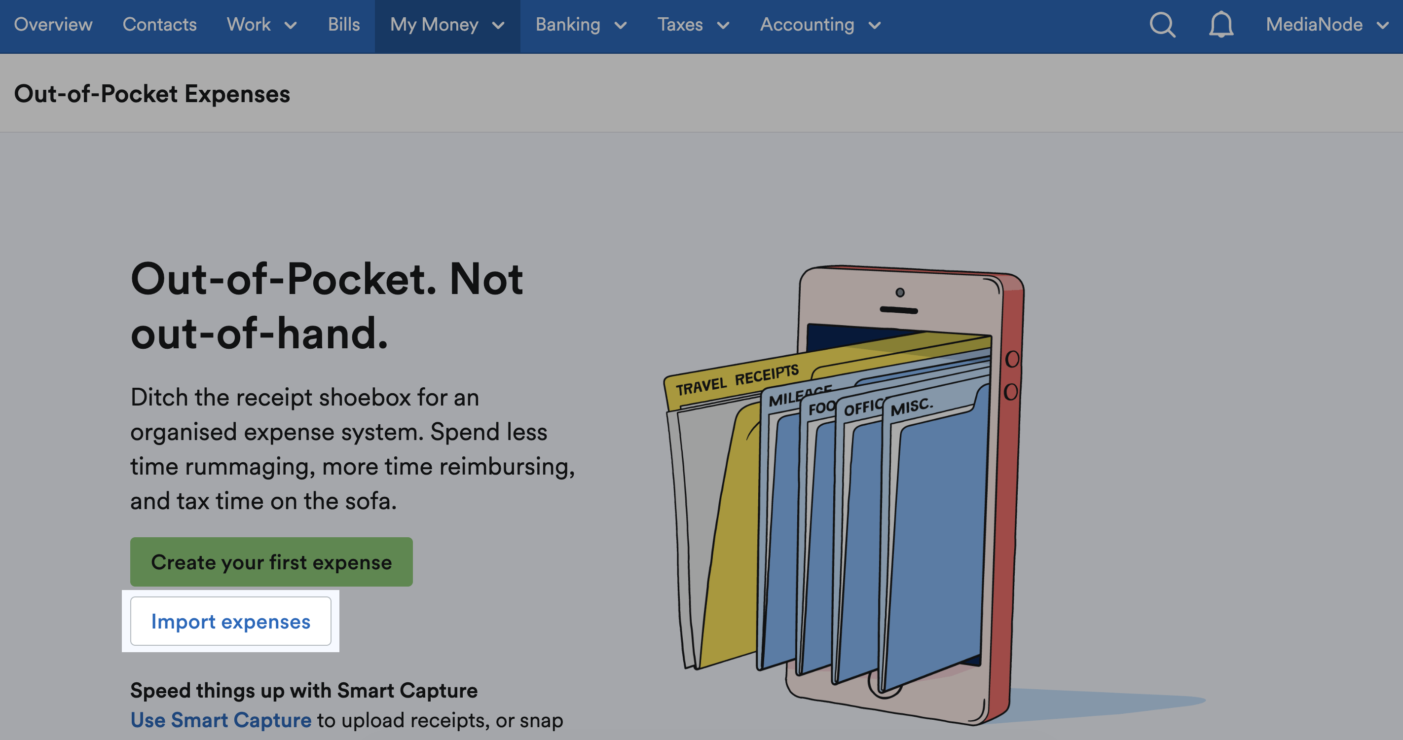 'Import expenses' button highlighted on Out-of-Pocket Expenses page.