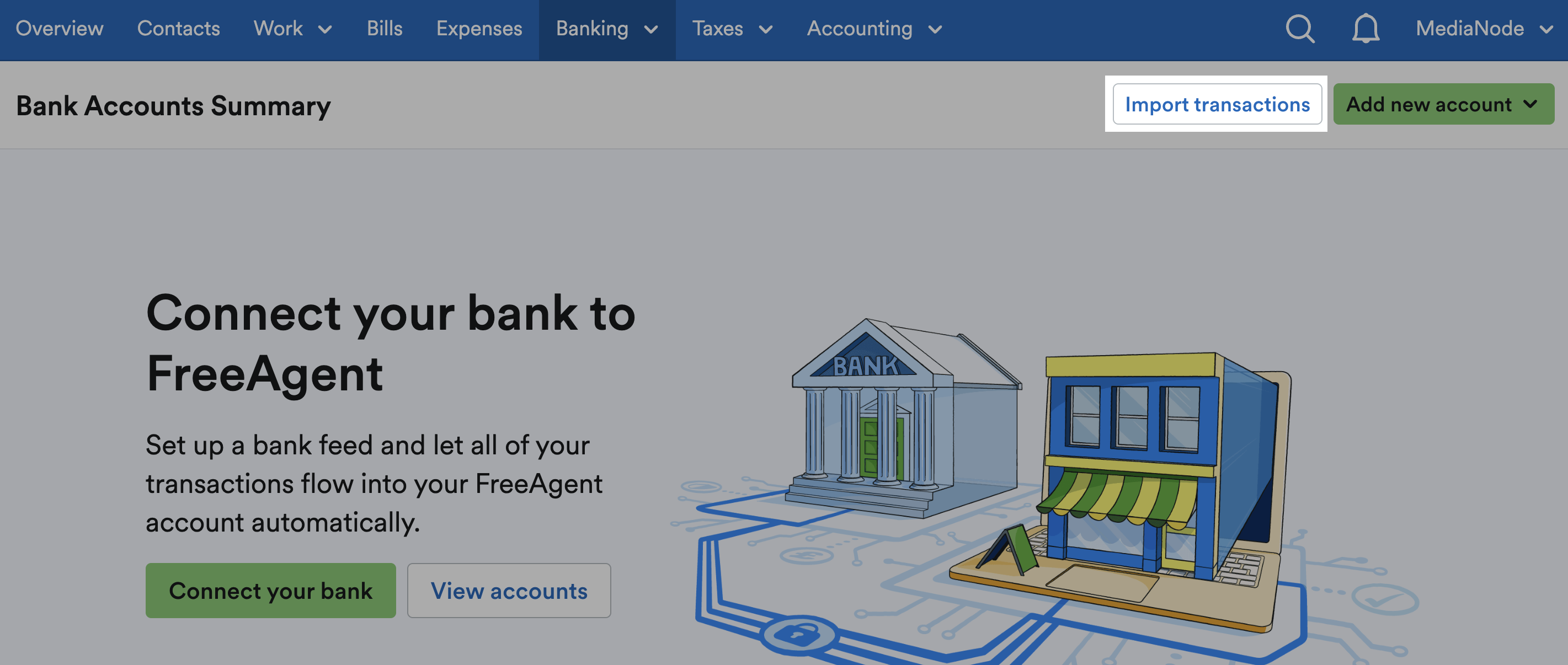 'Import transactions' button highlighted at top of Bank Accounts Summary page.